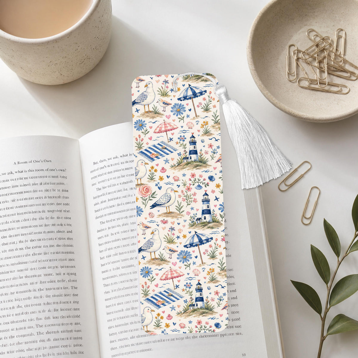 Blue Seagul And Lighthouse Aluminum Bookmark