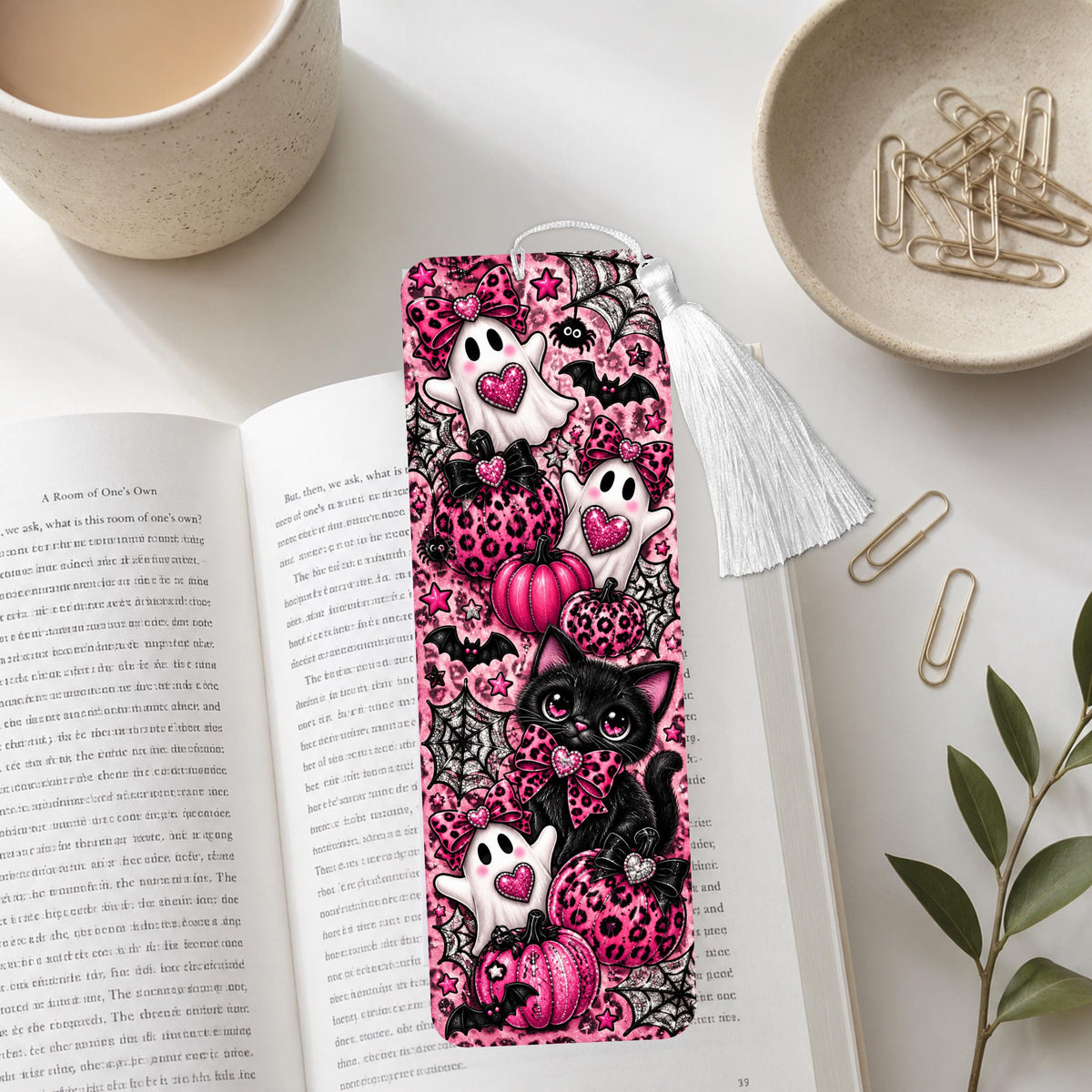 Pink Halloween Ghost And Cat Aluminum Bookmark