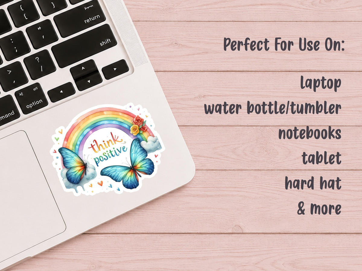 Think Positive Watercolor Rainbow and Butterfly Sticker