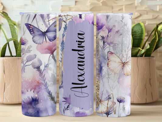 Purple Floral Butterfly Personalized Tumbler