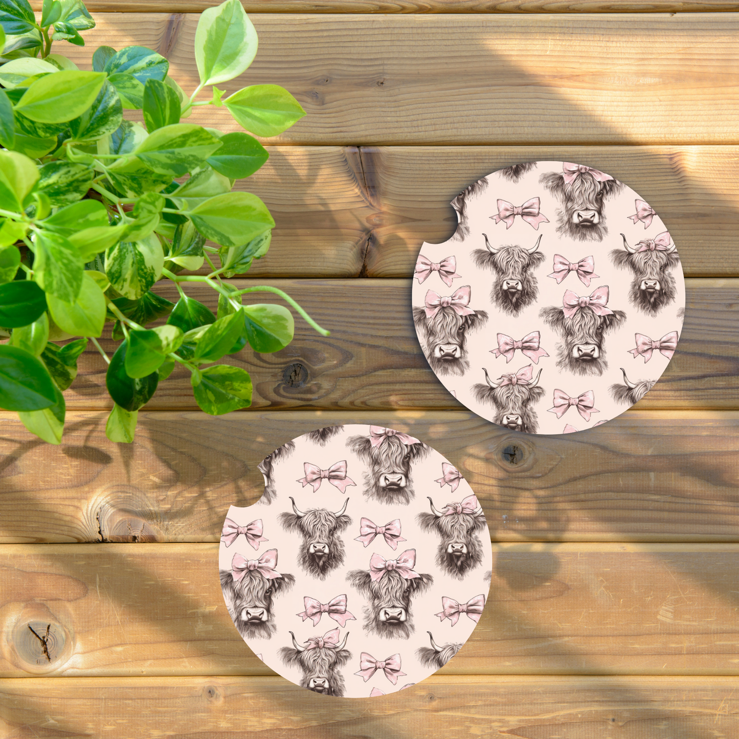 Highland Cow W/Pink Bow Car Coaster