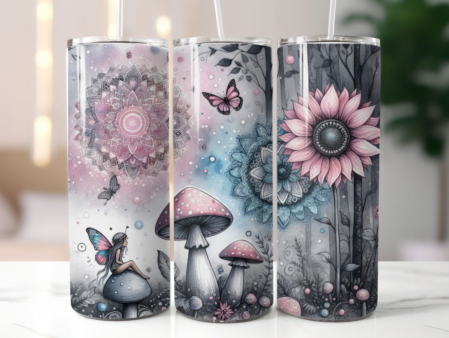 Black & White Fairy W/Pink Sunflower Tumbler