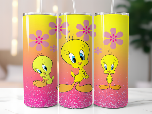 Little Yellow Cartoon Bird W/Flowers 20oz Tumbler