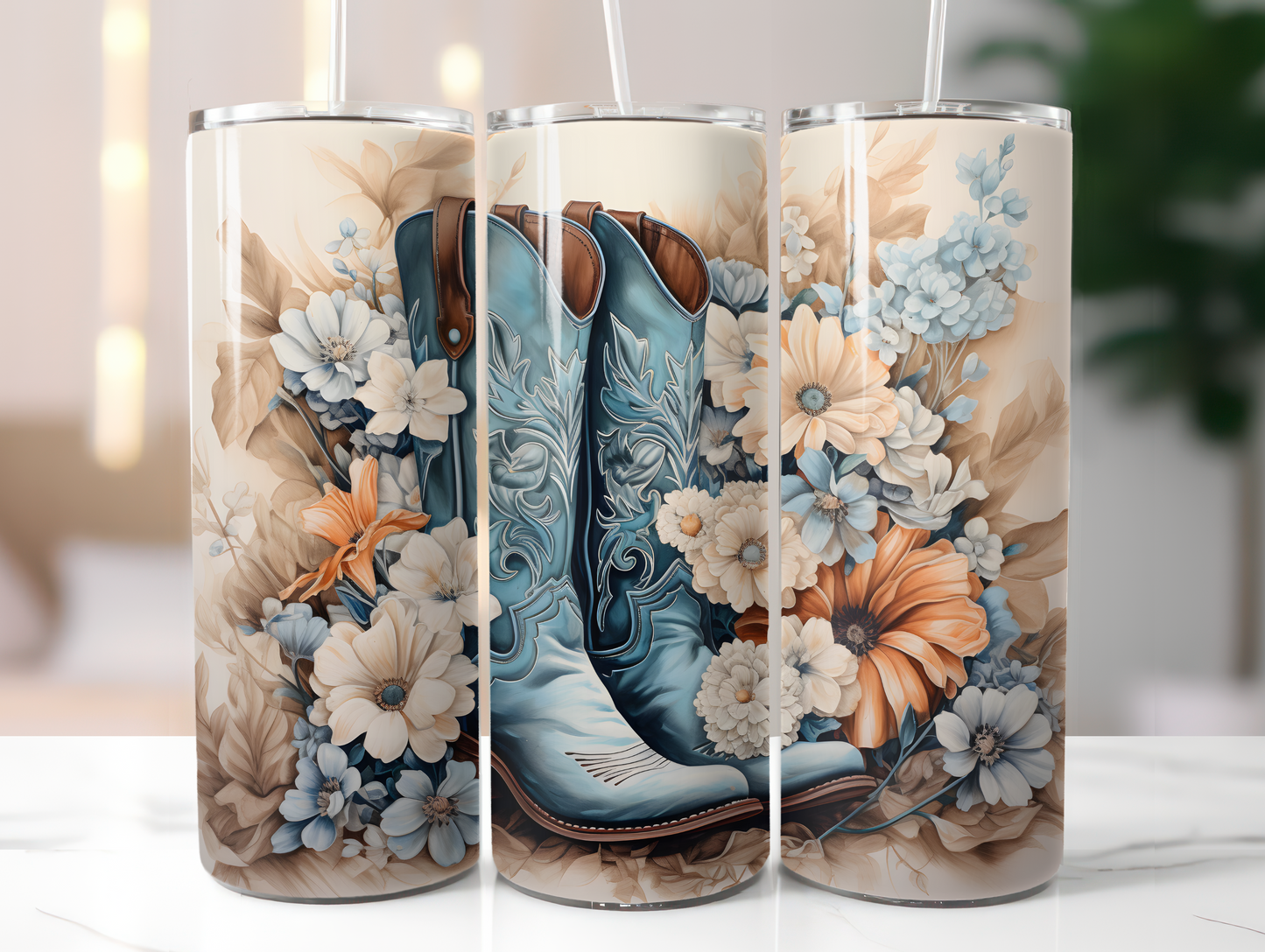 Blue Cowboy Boots w/Flowers 20oz Tumbler