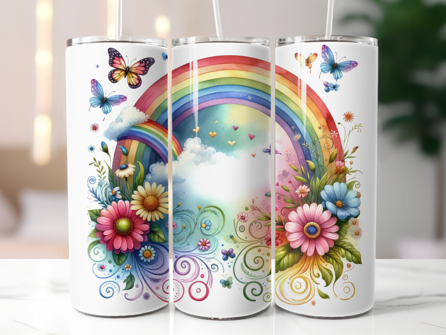 Watercolor Rainbow W/Butterflies 20oz Tumbler
