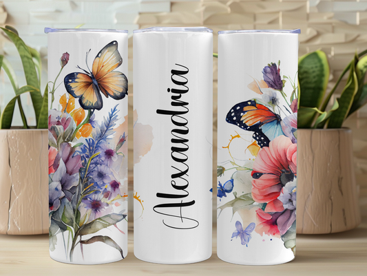 Watercolor Butterfly Floral Personalized Tumbler