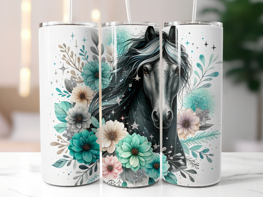 Black Horse With Teal Flowers 20oz Tumbler