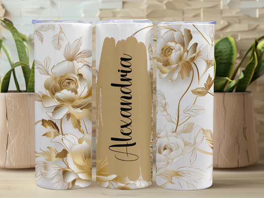 Gold Roses Brush Stroke Personalized Tumbler