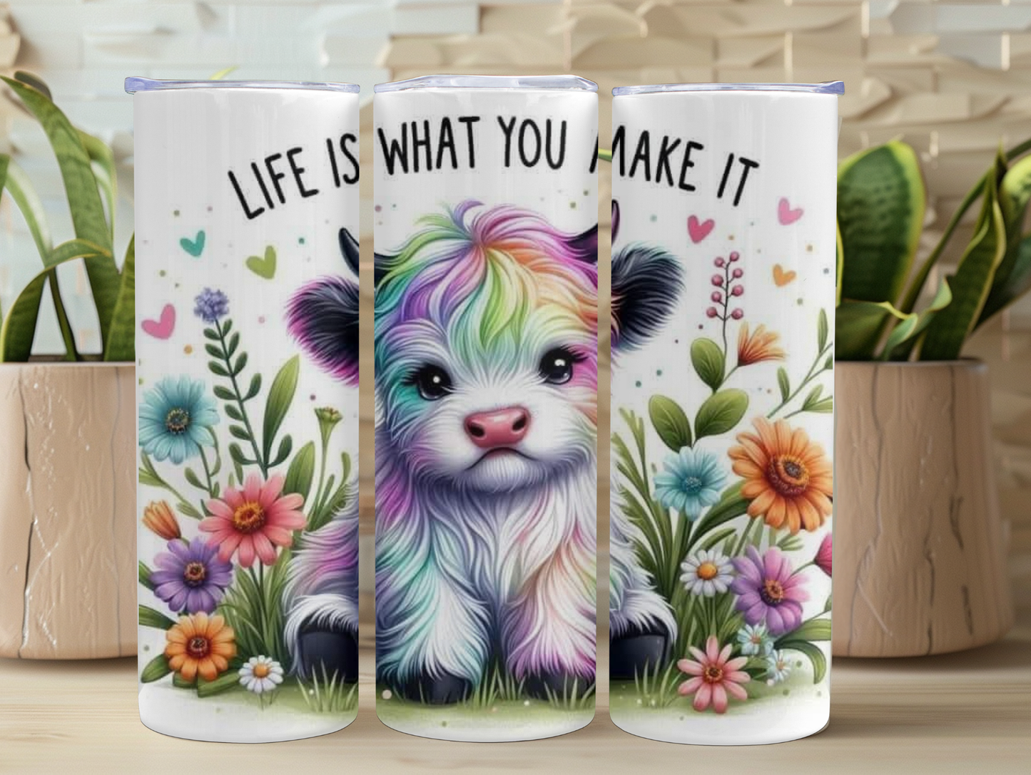 Life Is What You Make It Rainbow Highland Cow 20oz Tumbler