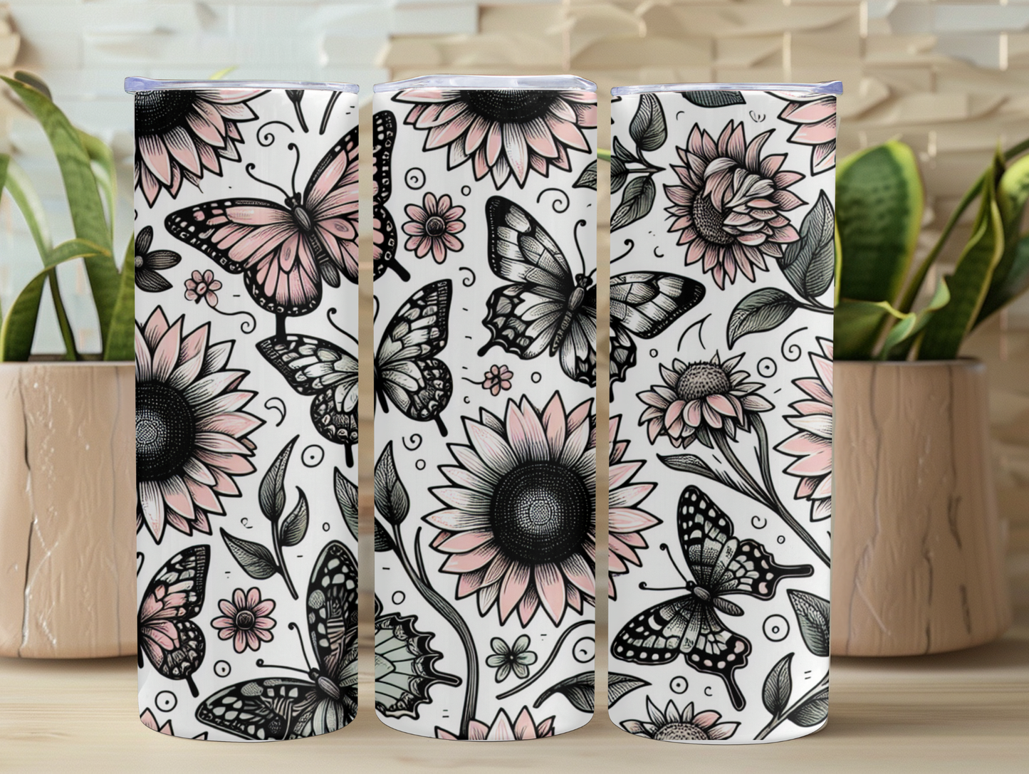 Pink & Black Sunflower and Butterfly 20oz Tumbler