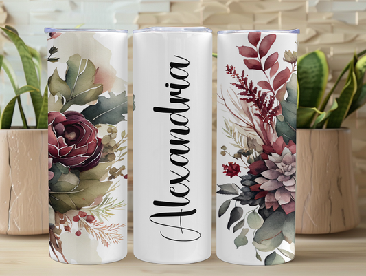 Burgundy Watercolor Floral Personalized Tumbler