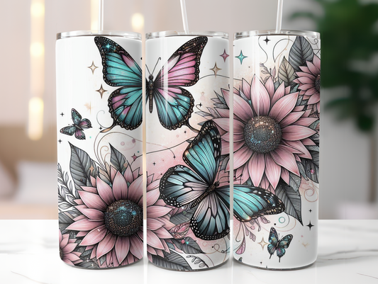 Pink Sunflowers W/Butterflies 20oz Tumbler