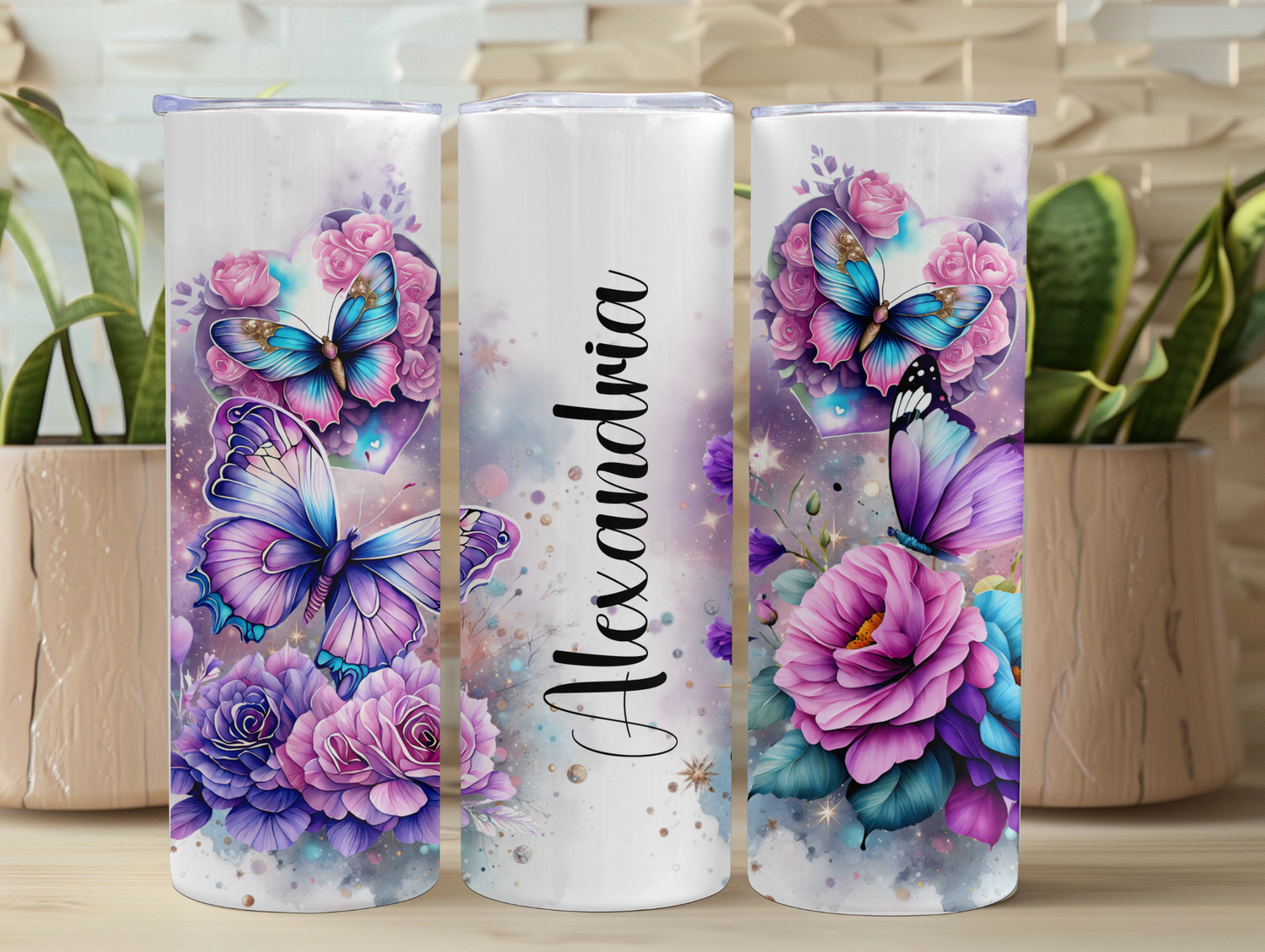 Purple Floral & Butterfly Personalized Tumbler
