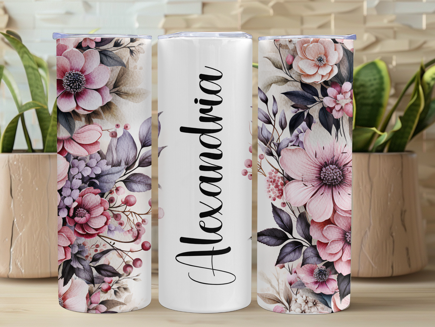 Mauve Watercolor Floral Personalized Tumbler