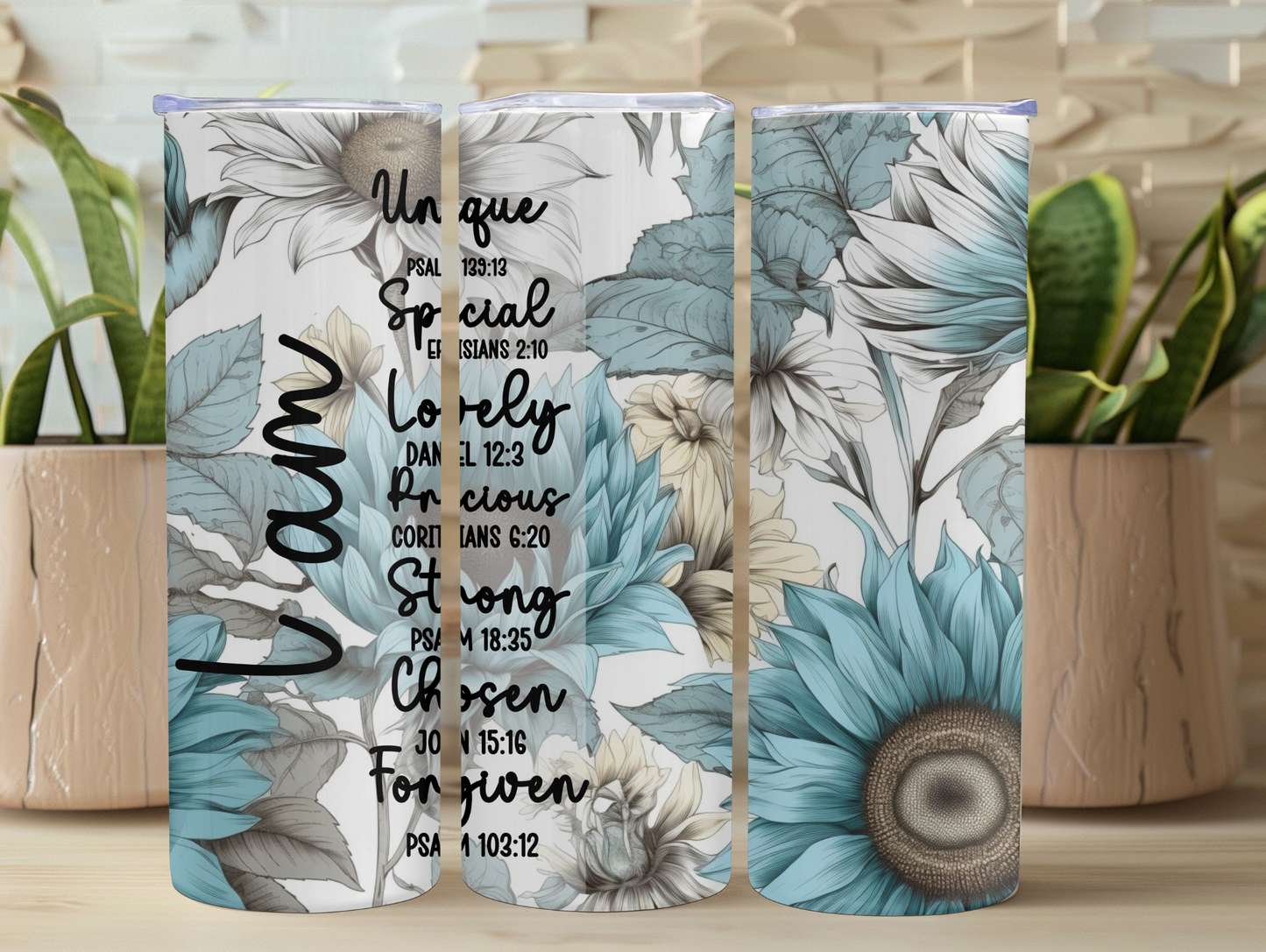 I am Bible Verse Blue Sunflower 20oz Tumbler