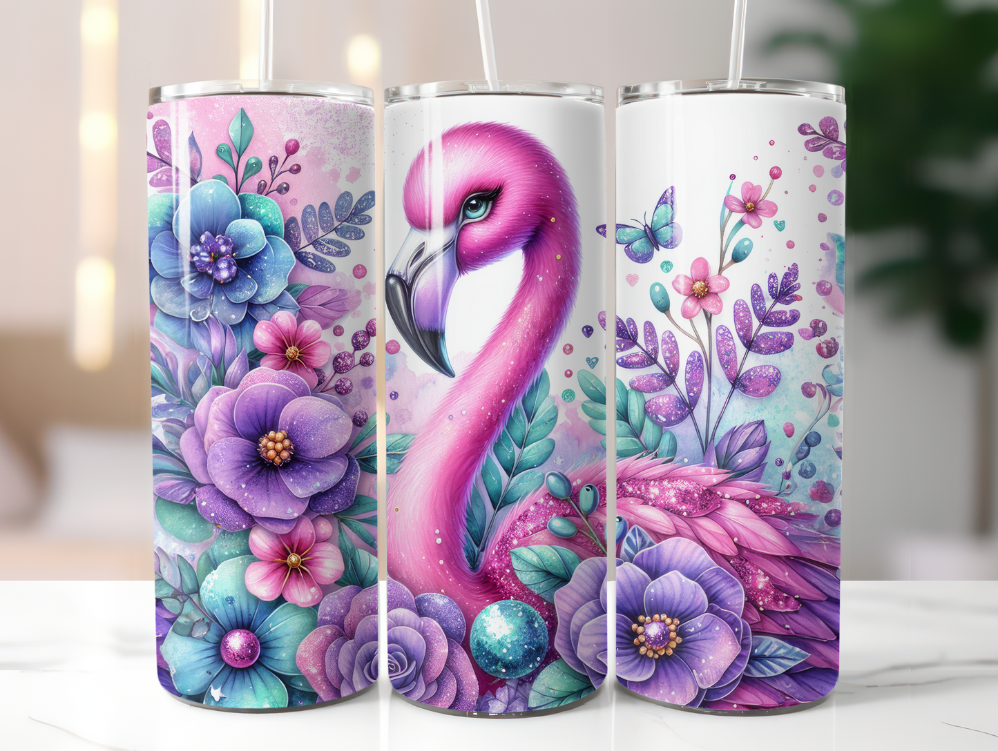 Pink Flamingo & Purple Flowers 20oz Tumbler