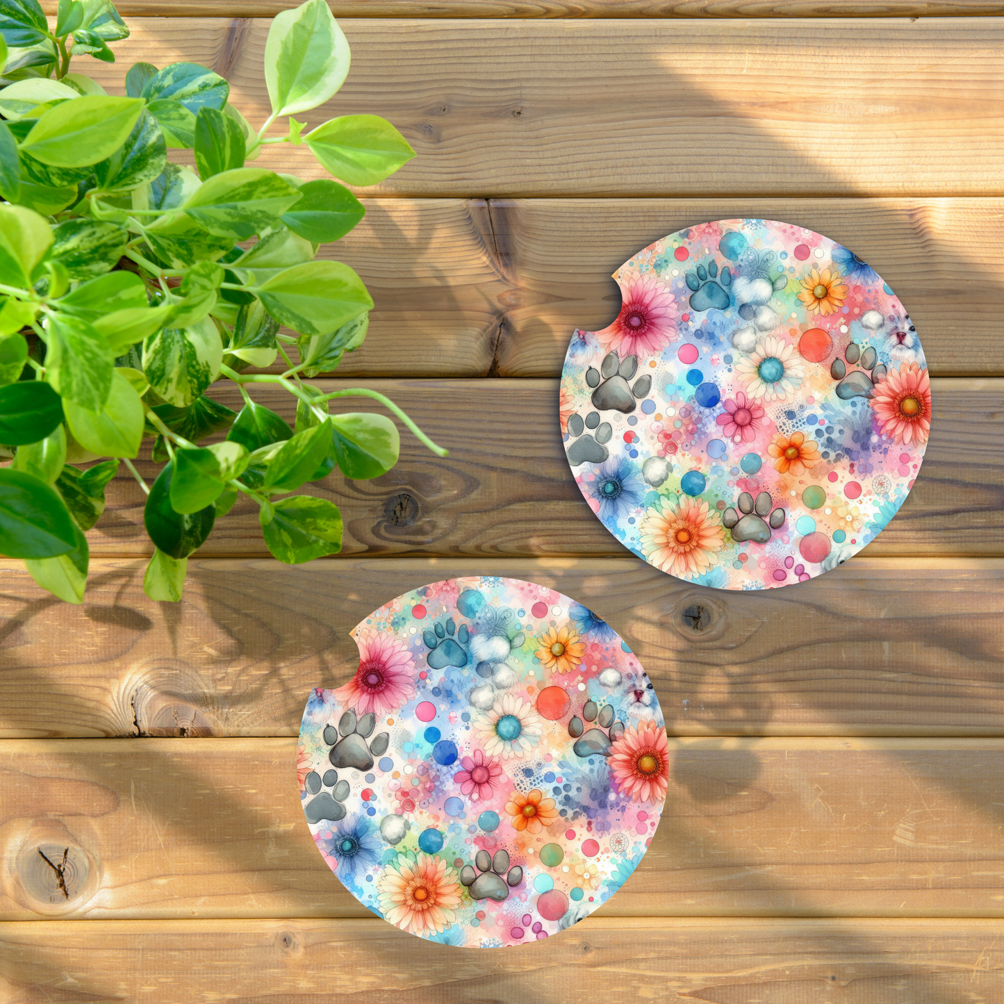 Watercolor Pawprint & Flowers Car Coaster