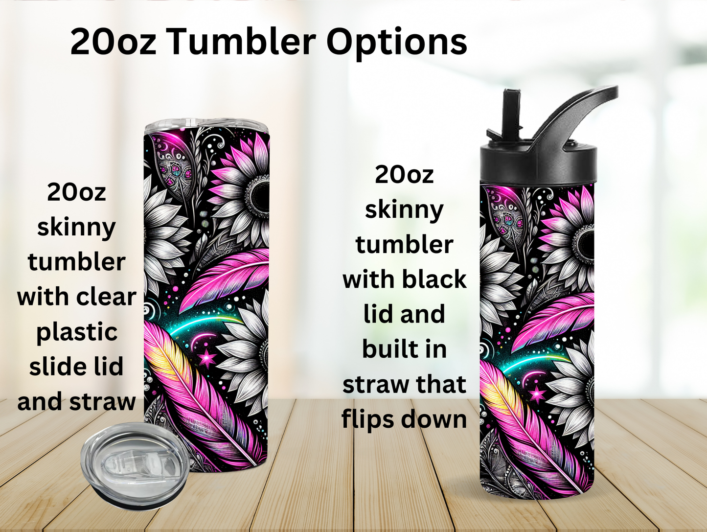 Neon Feathers & Sunflowers 20oz Tumbler