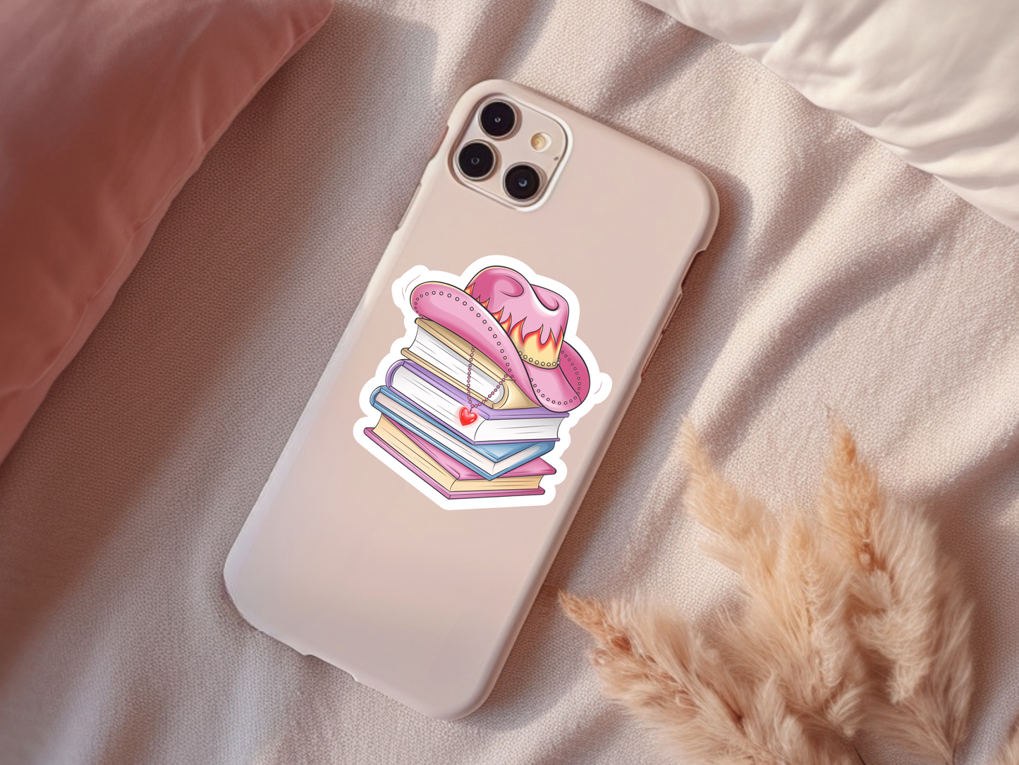 Stack Of Books With Pink Cowgirl Hat On Top Sticker