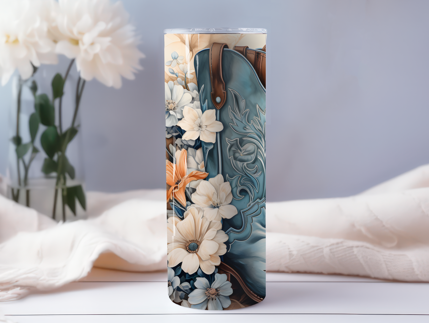 Blue Cowboy Boots w/Flowers 20oz Tumbler