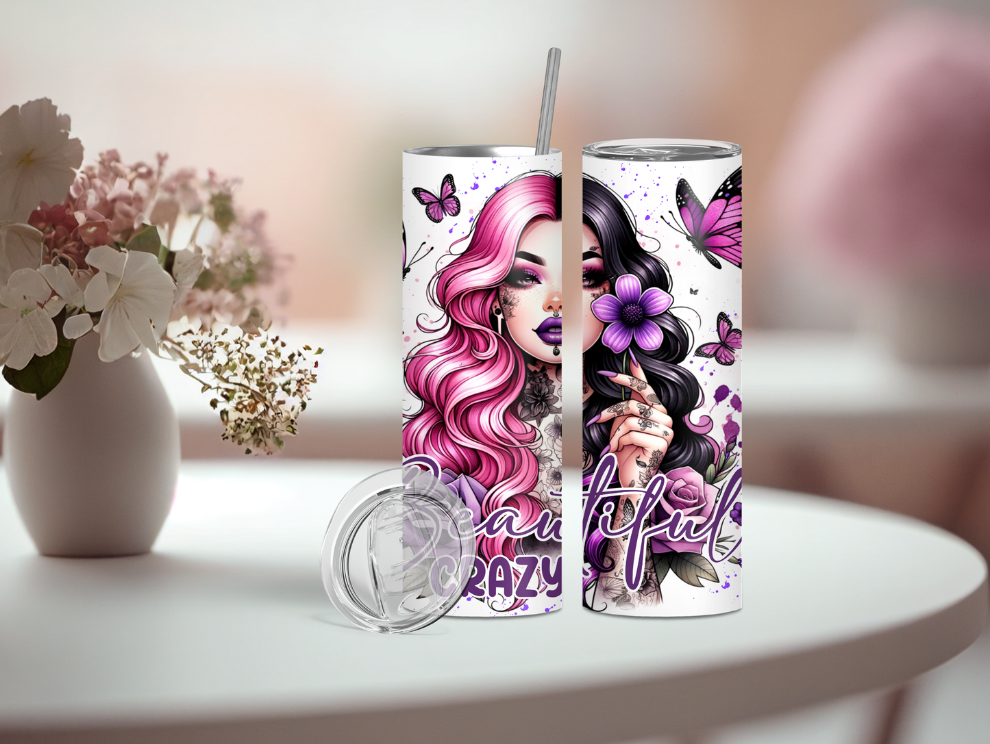 Beautiful Crazy Girl & Flowers 20oz Tumbler