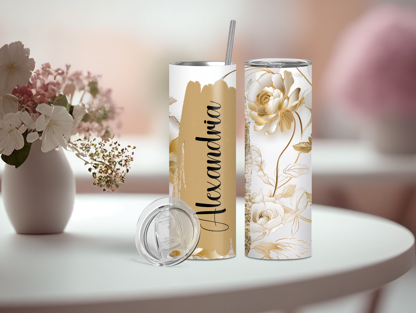 Gold Roses Brush Stroke Personalized Tumbler