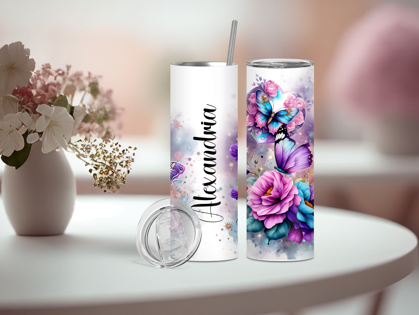 Purple Floral & Butterfly Personalized Tumbler