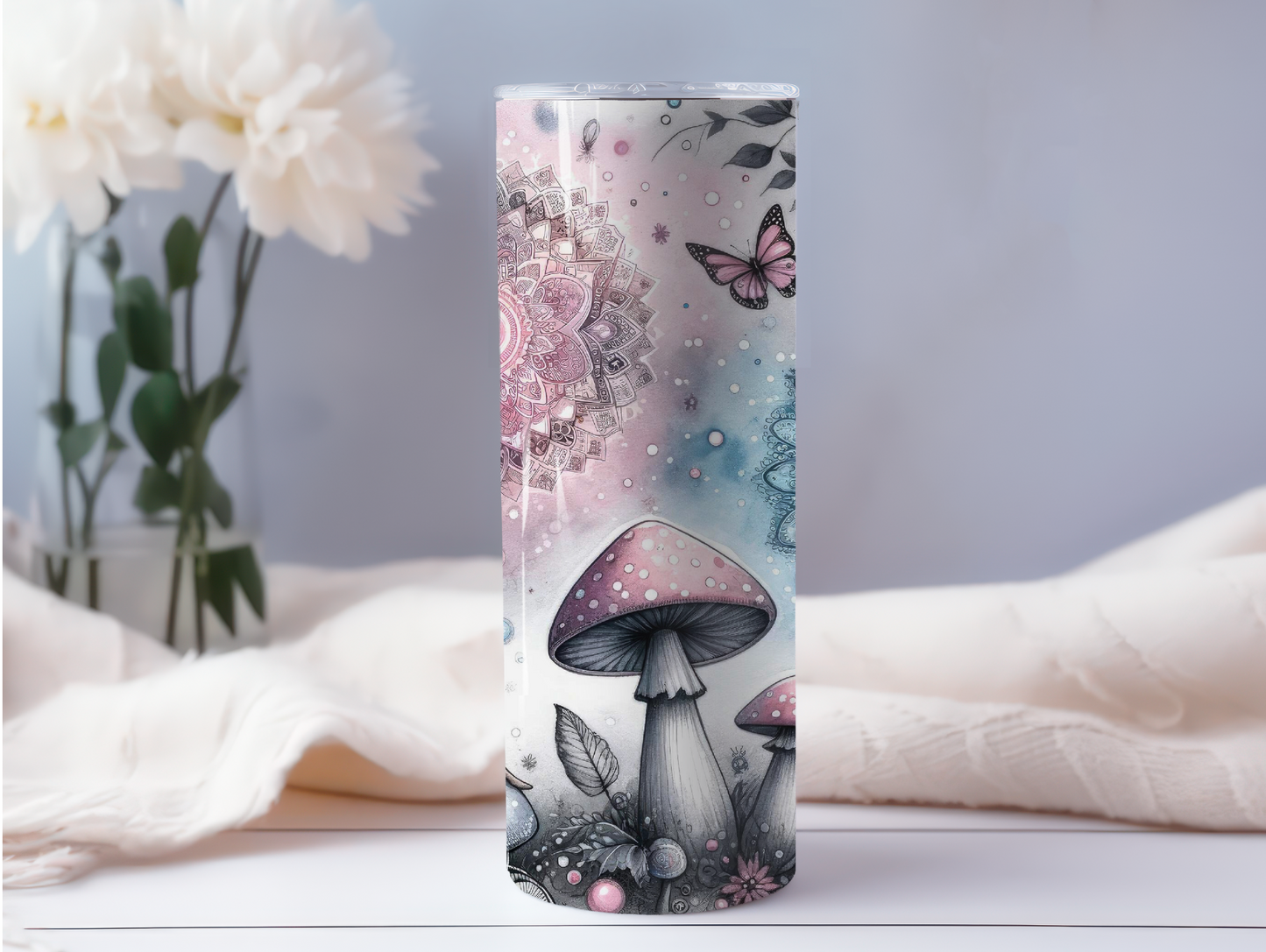 Black & White Fairy W/Pink Sunflower Tumbler