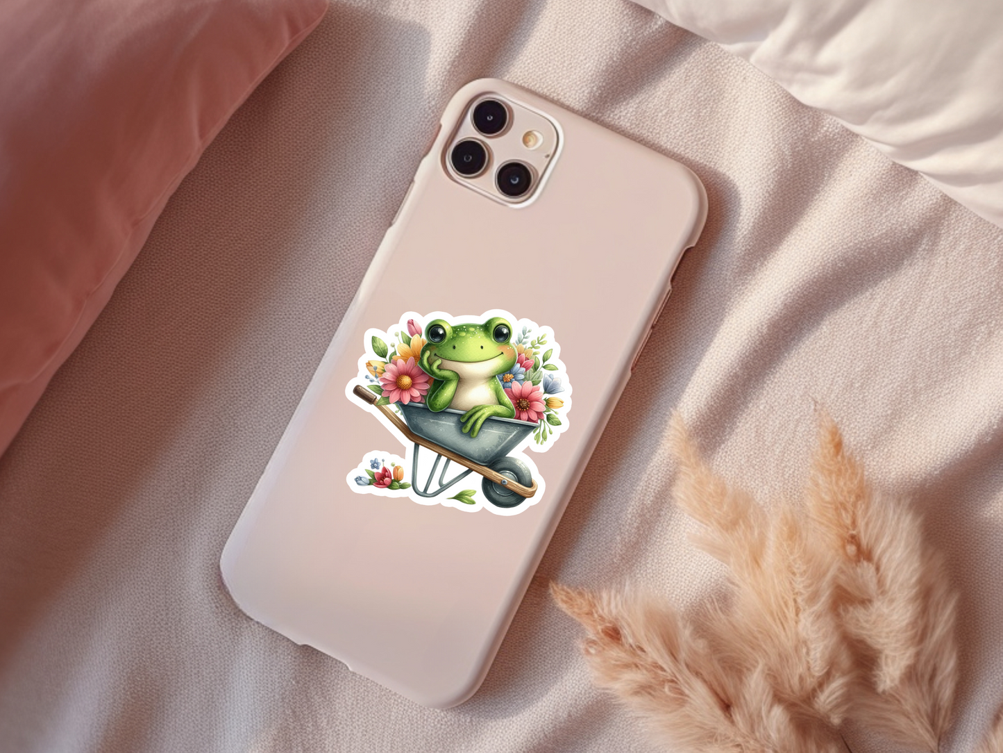 Cute Frog With Flowers In Wheelbarrow Sticker