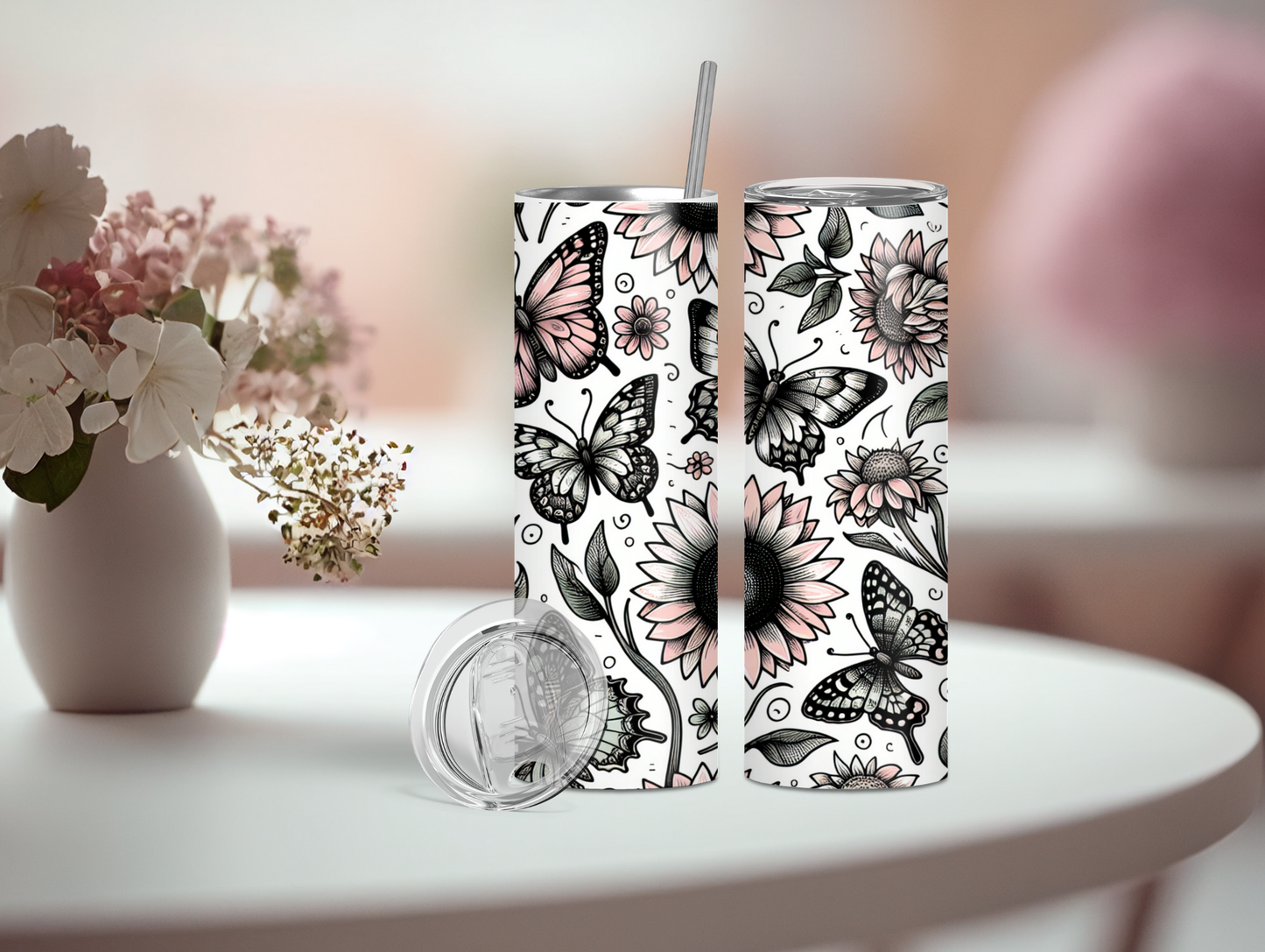 Pink & Black Sunflower and Butterfly 20oz Tumbler