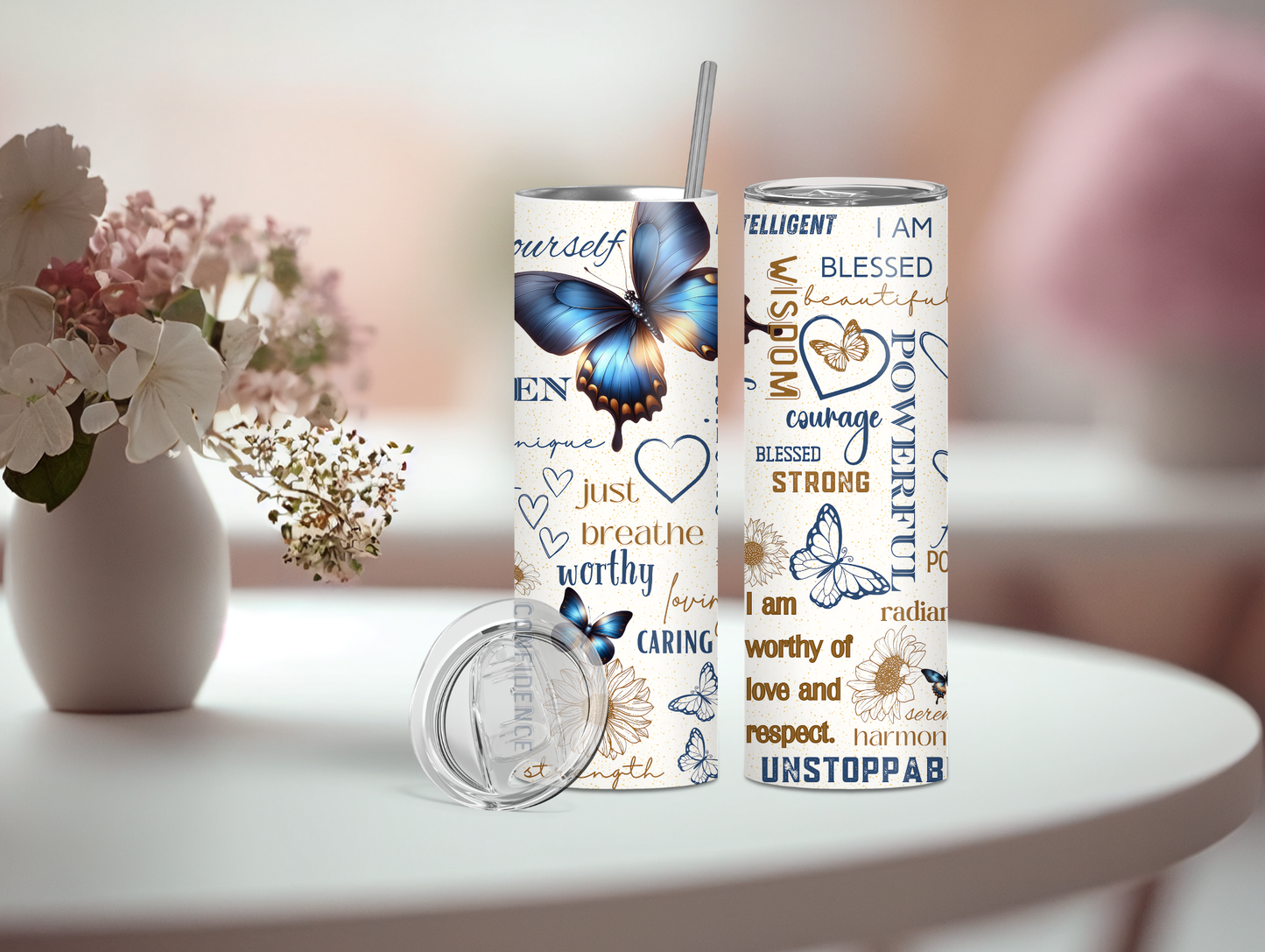 Blue & Gold Positivity Butterfly 20oz Tumbler