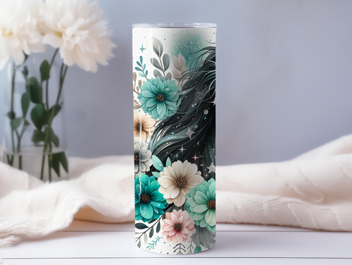 Black Horse With Teal Flowers 20oz Tumbler