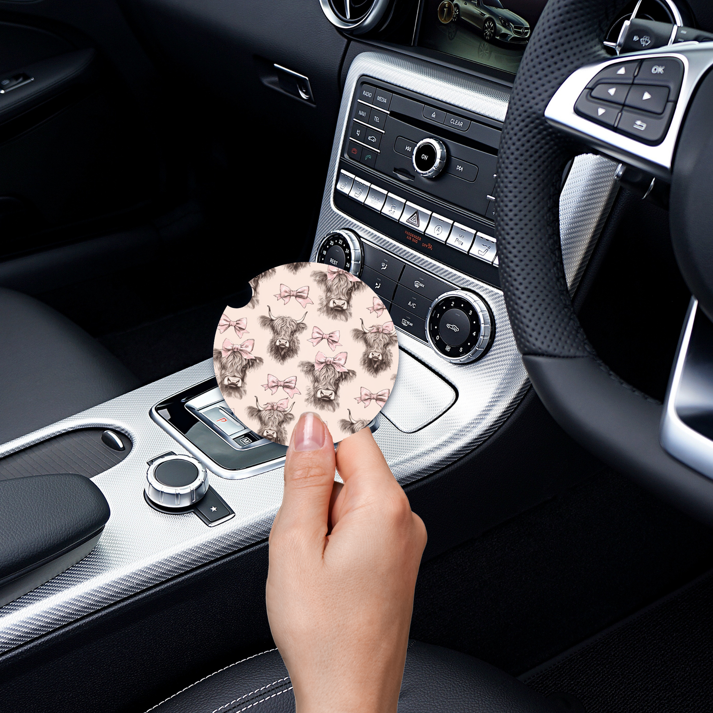 Highland Cow W/Pink Bow Car Coaster