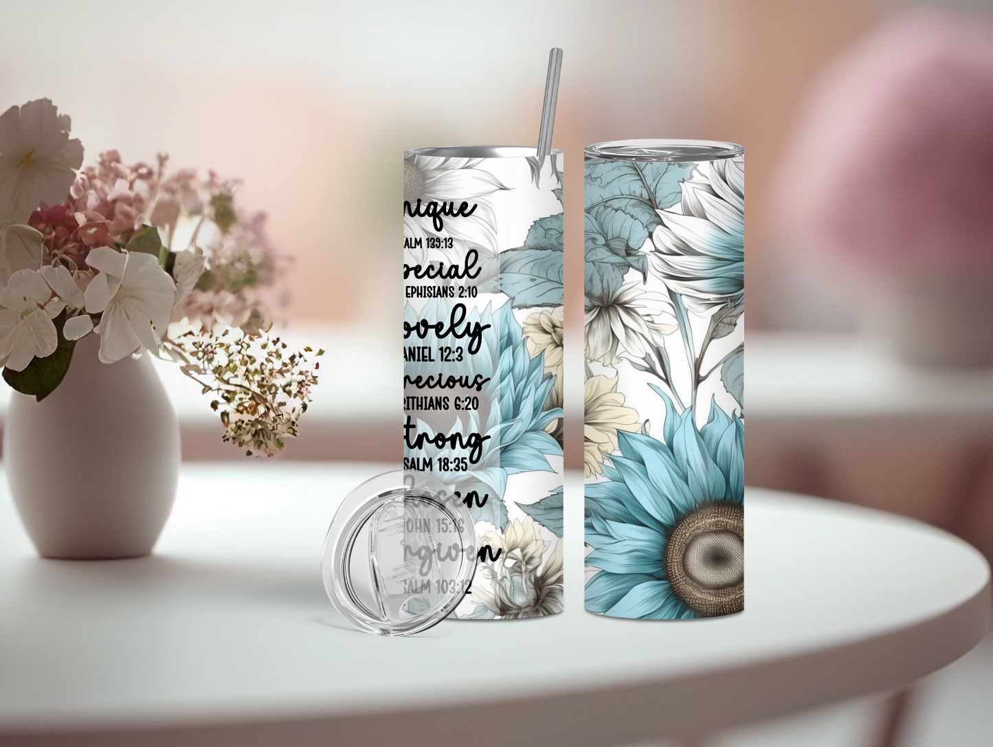 I am Bible Verse Blue Sunflower 20oz Tumbler