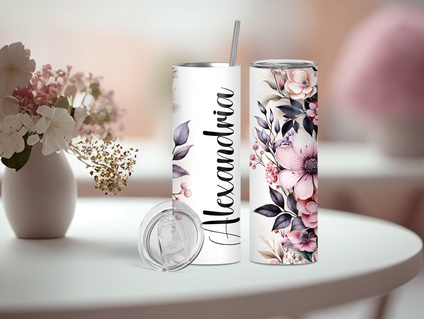 Mauve Watercolor Floral Personalized Tumbler