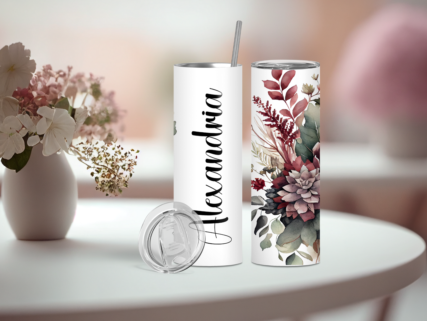 Burgundy Watercolor Floral Personalized Tumbler