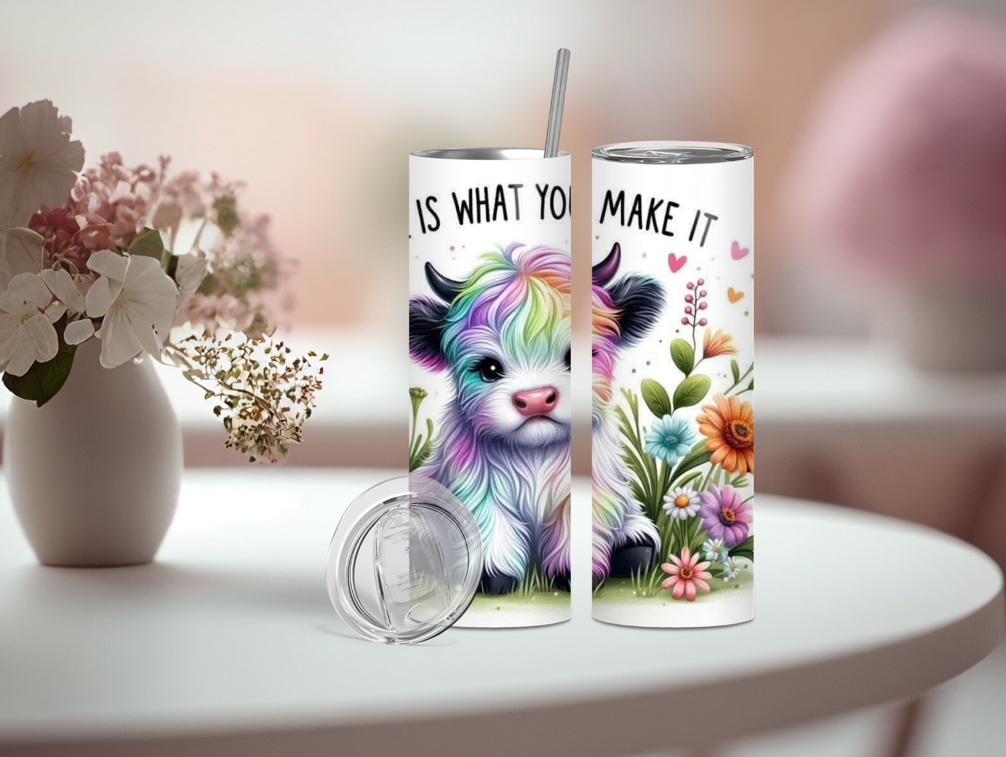 Life Is What You Make It Rainbow Highland Cow 20oz Tumbler