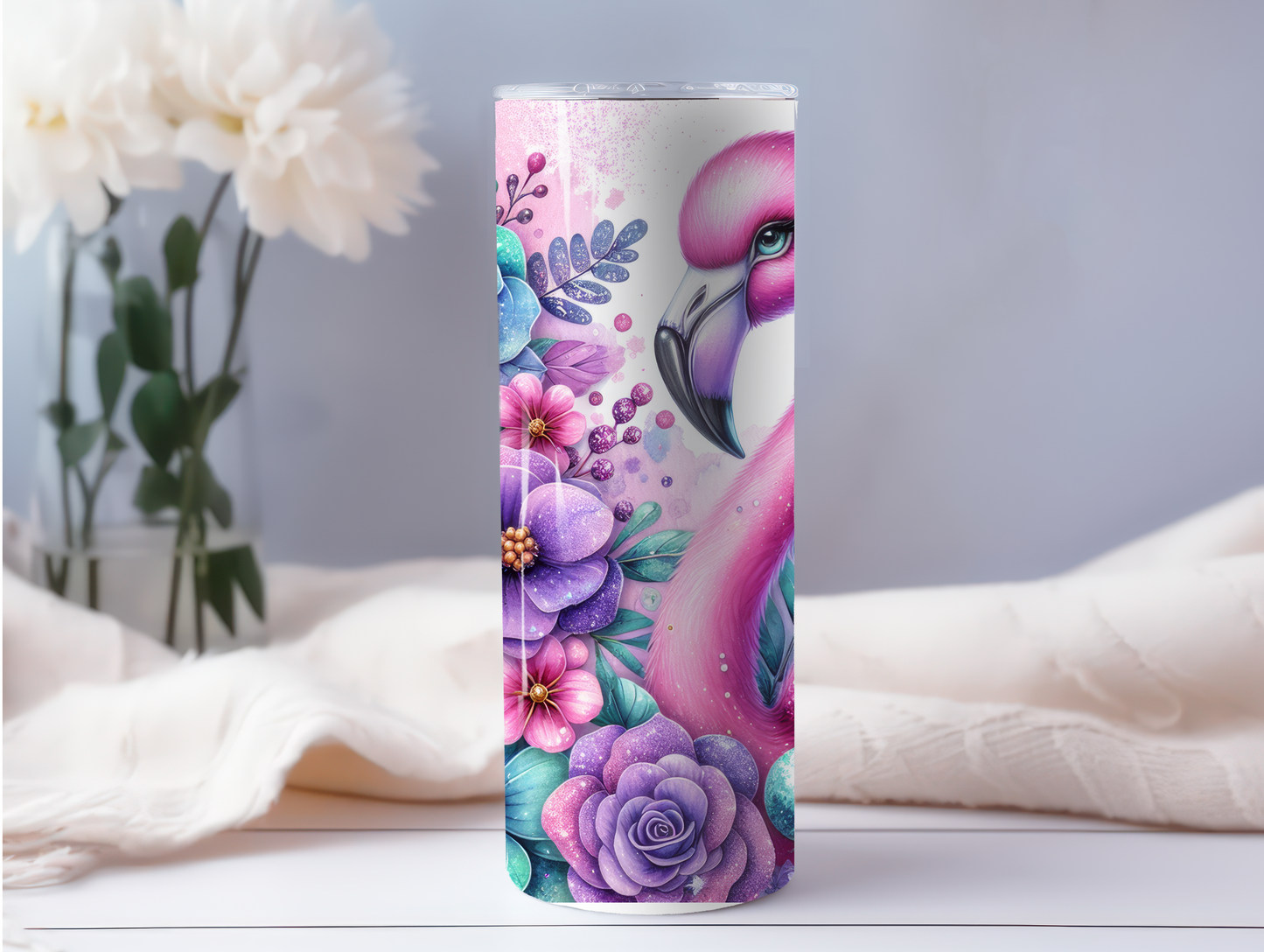 Pink Flamingo & Purple Flowers 20oz Tumbler