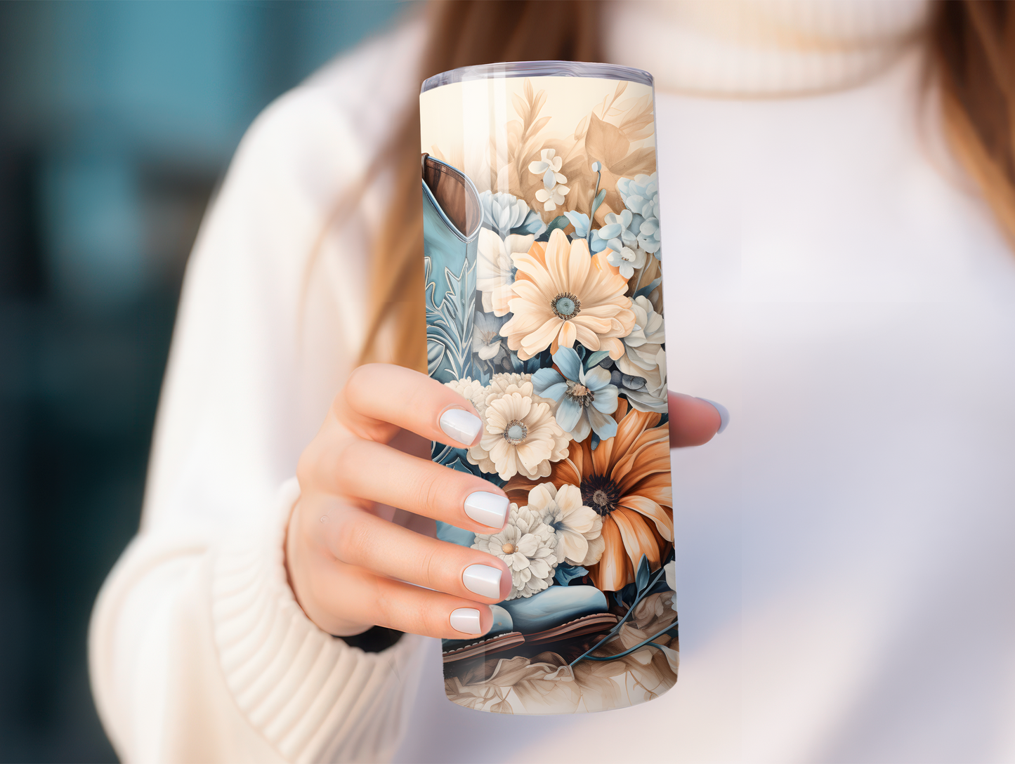 Blue Cowboy Boots w/Flowers 20oz Tumbler