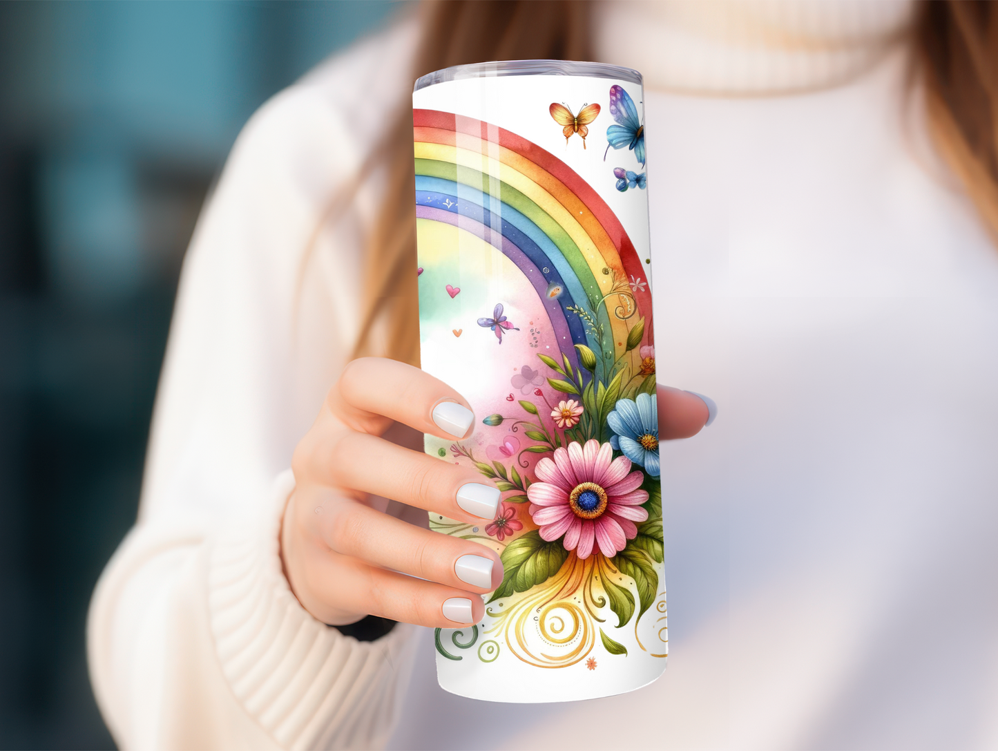 Watercolor Rainbow W/Butterflies 20oz Tumbler