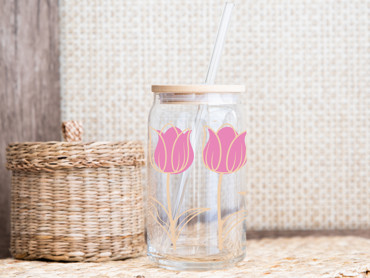 Pink Tulips 16oz Glass Cup