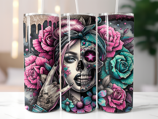 Half Girl Half Skeleton Face With Roses 20oz Tumbler