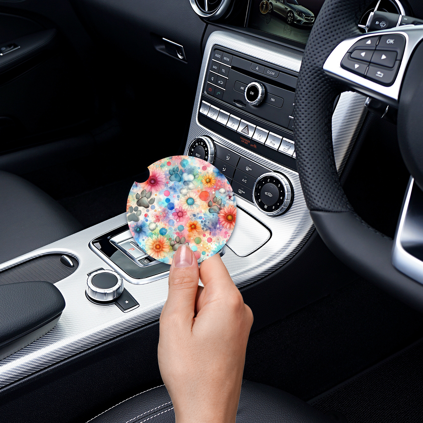 Watercolor Pawprint & Flowers Car Coaster