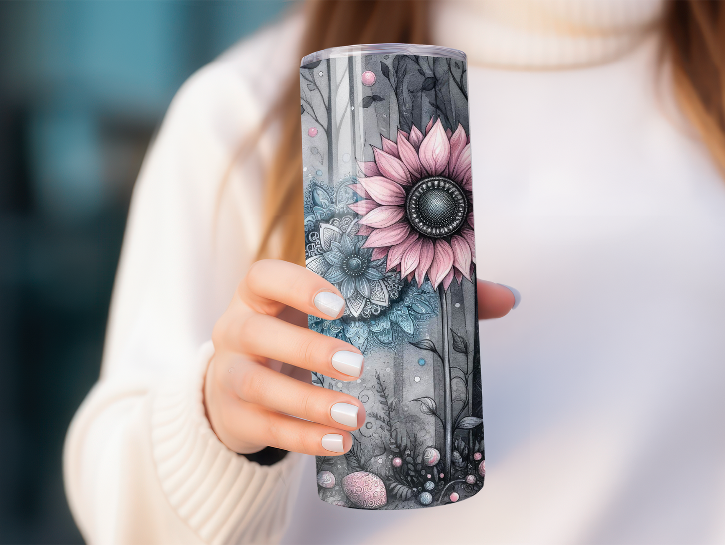 Black & White Fairy W/Pink Sunflower Tumbler