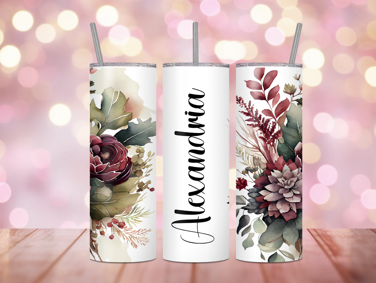 Burgundy Watercolor Floral Personalized Tumbler
