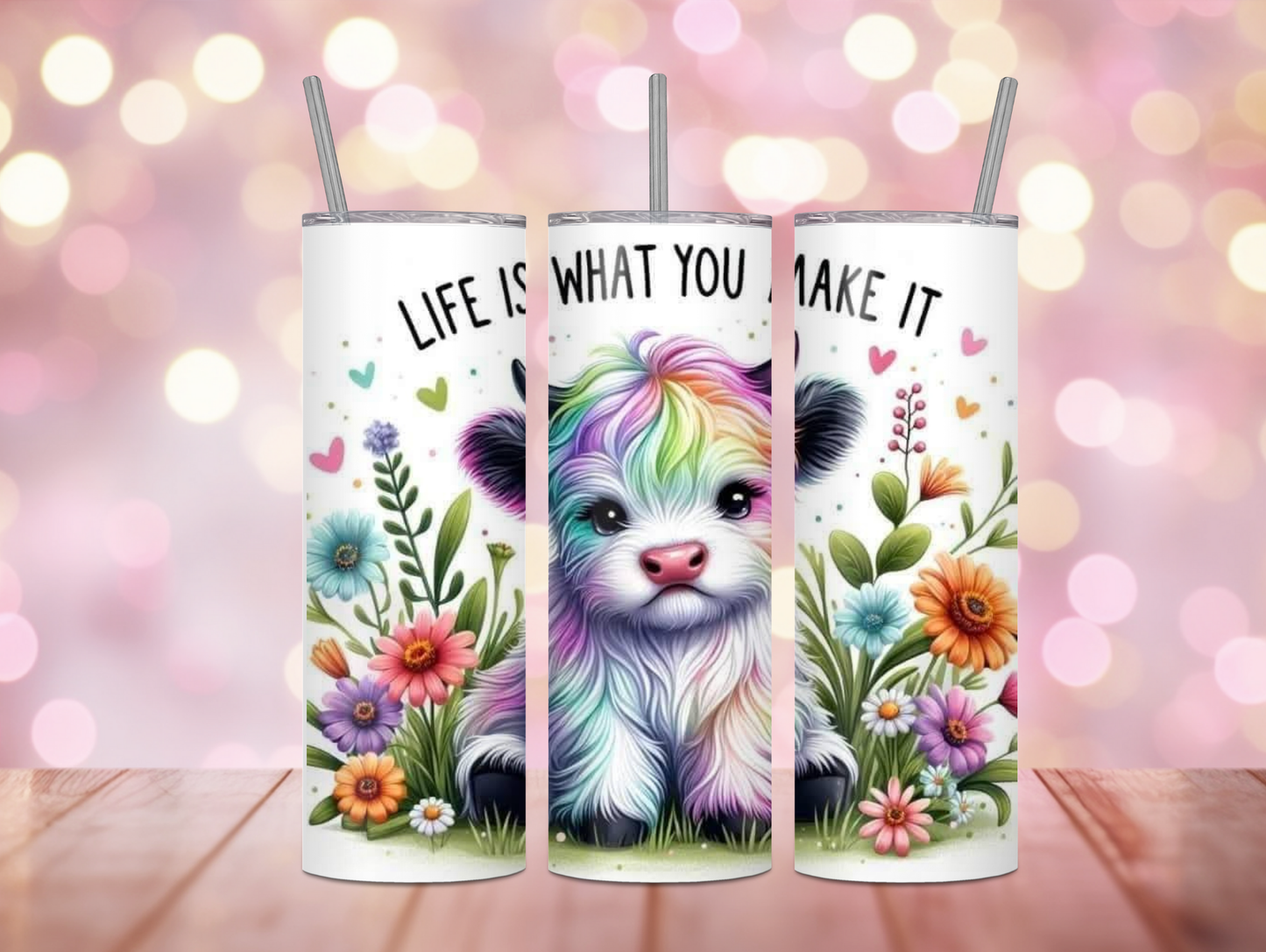 Life Is What You Make It Rainbow Highland Cow 20oz Tumbler