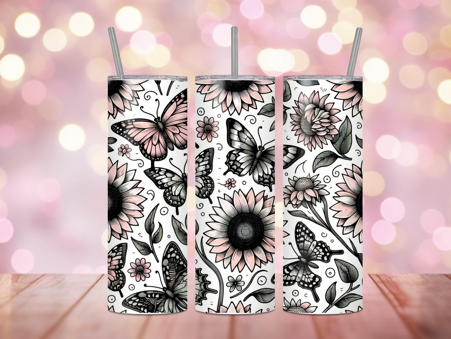 Pink & Black Sunflower and Butterfly 20oz Tumbler