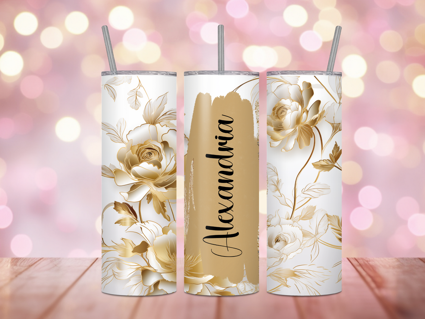 Gold Roses Brush Stroke Personalized Tumbler