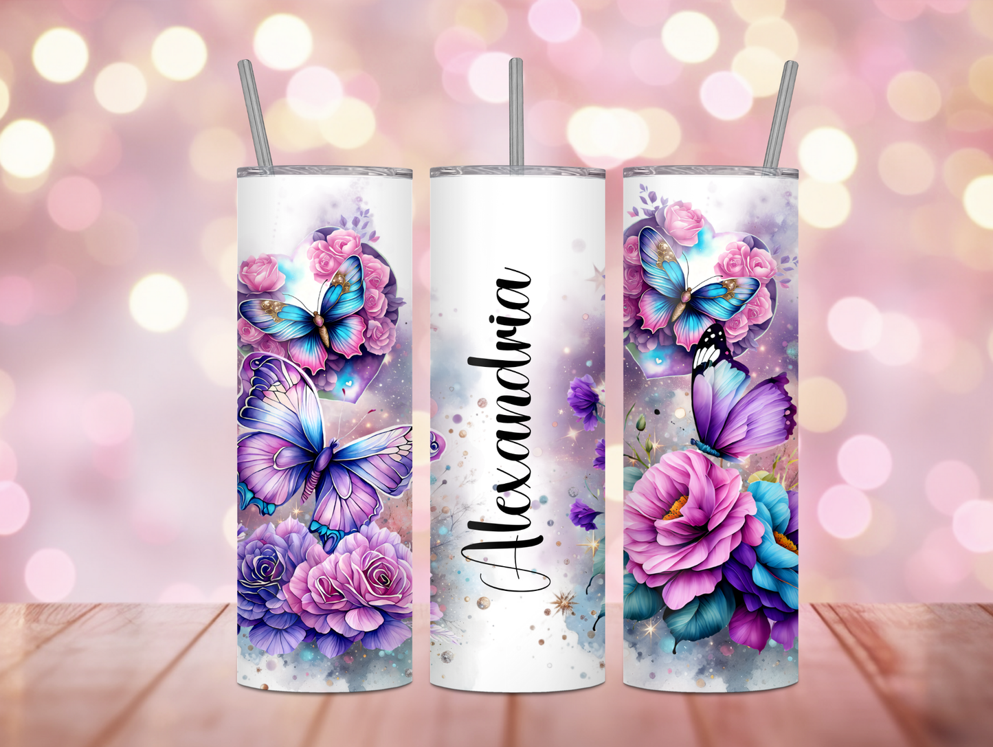 Purple Floral & Butterfly Personalized Tumbler
