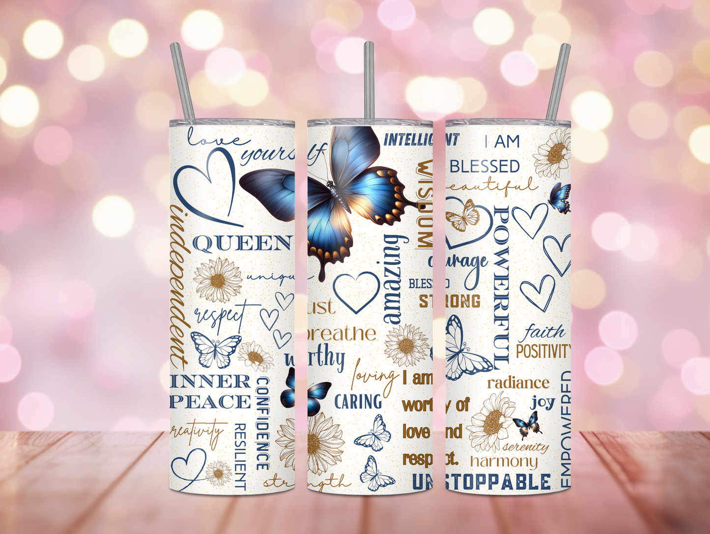 Blue & Gold Positivity Butterfly 20oz Tumbler
